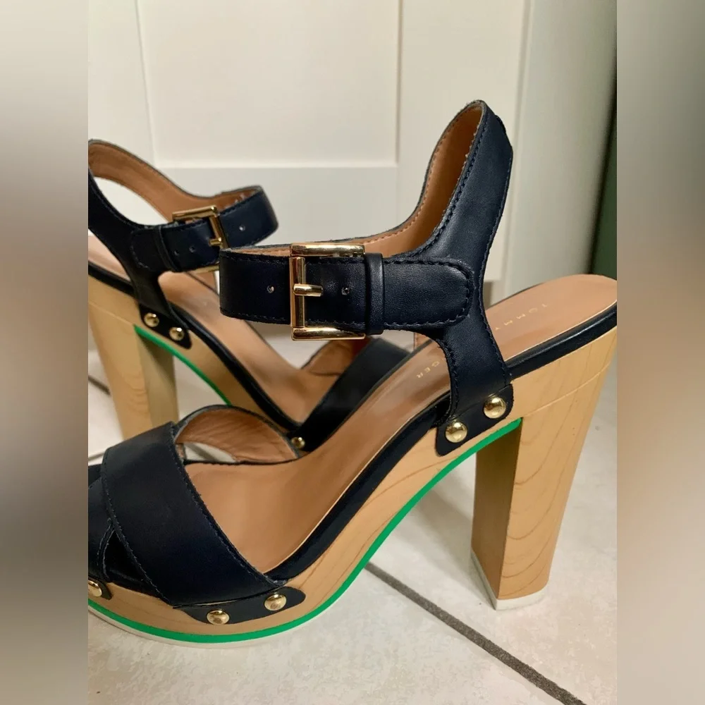 Tommy Hilfiger Navy Blue Wood Platform Heels - Picture 9 of 9